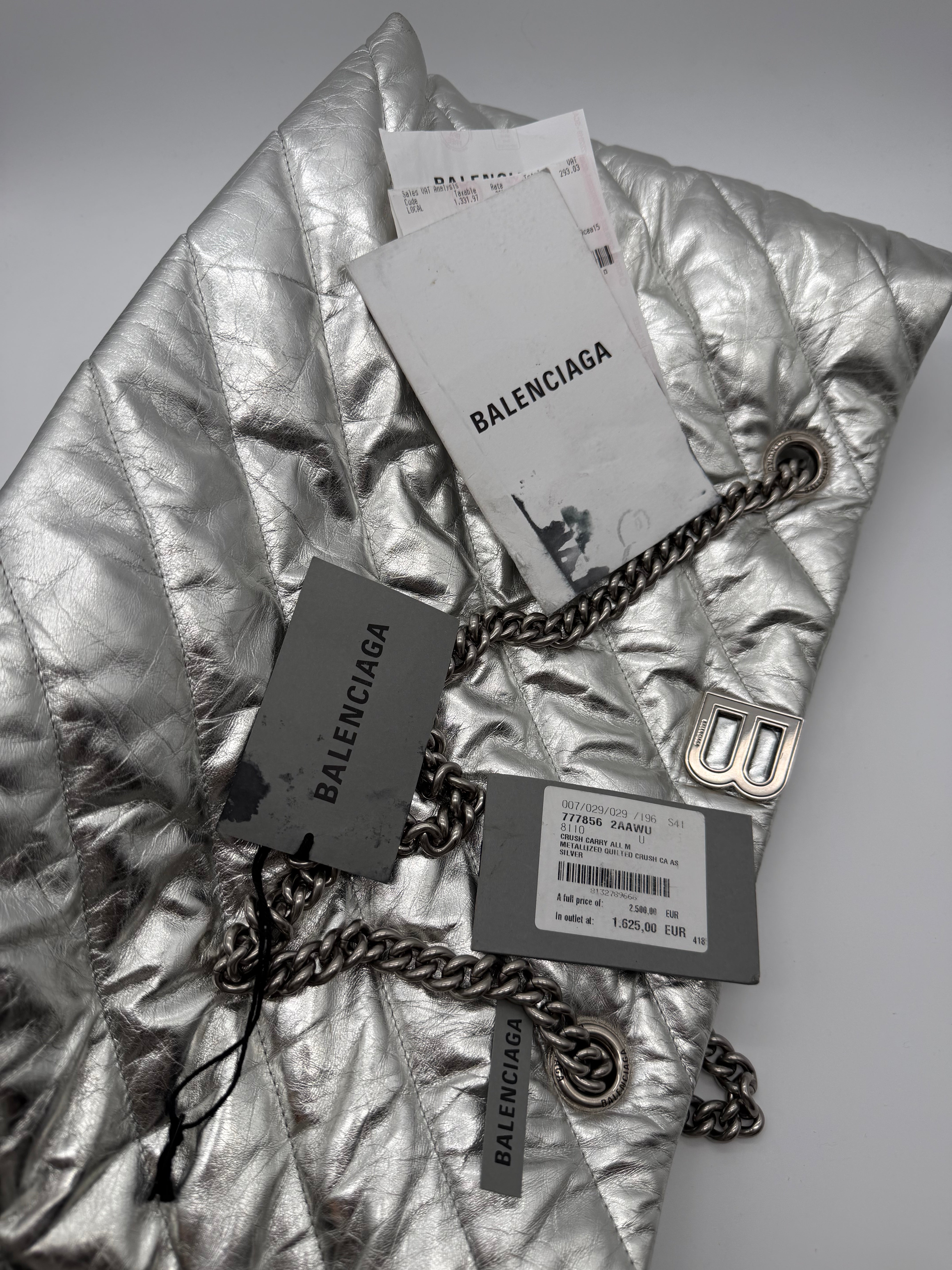 Balenciaga Shopper Crush in pelle di vitello matelassè laminata color silver - SGER S.r.l.