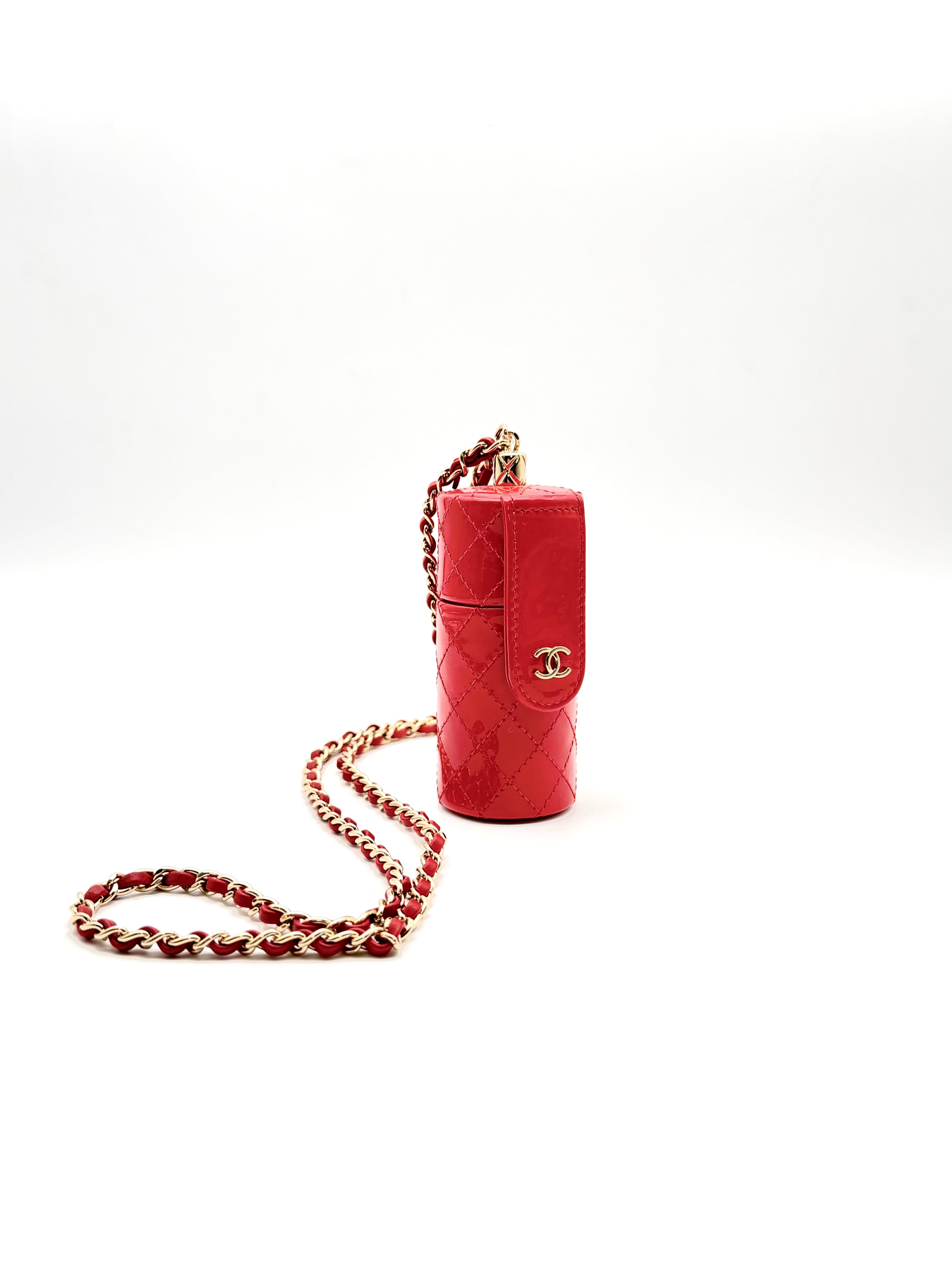 Chanel red patent quilted leather lipstick case with shoulder strap