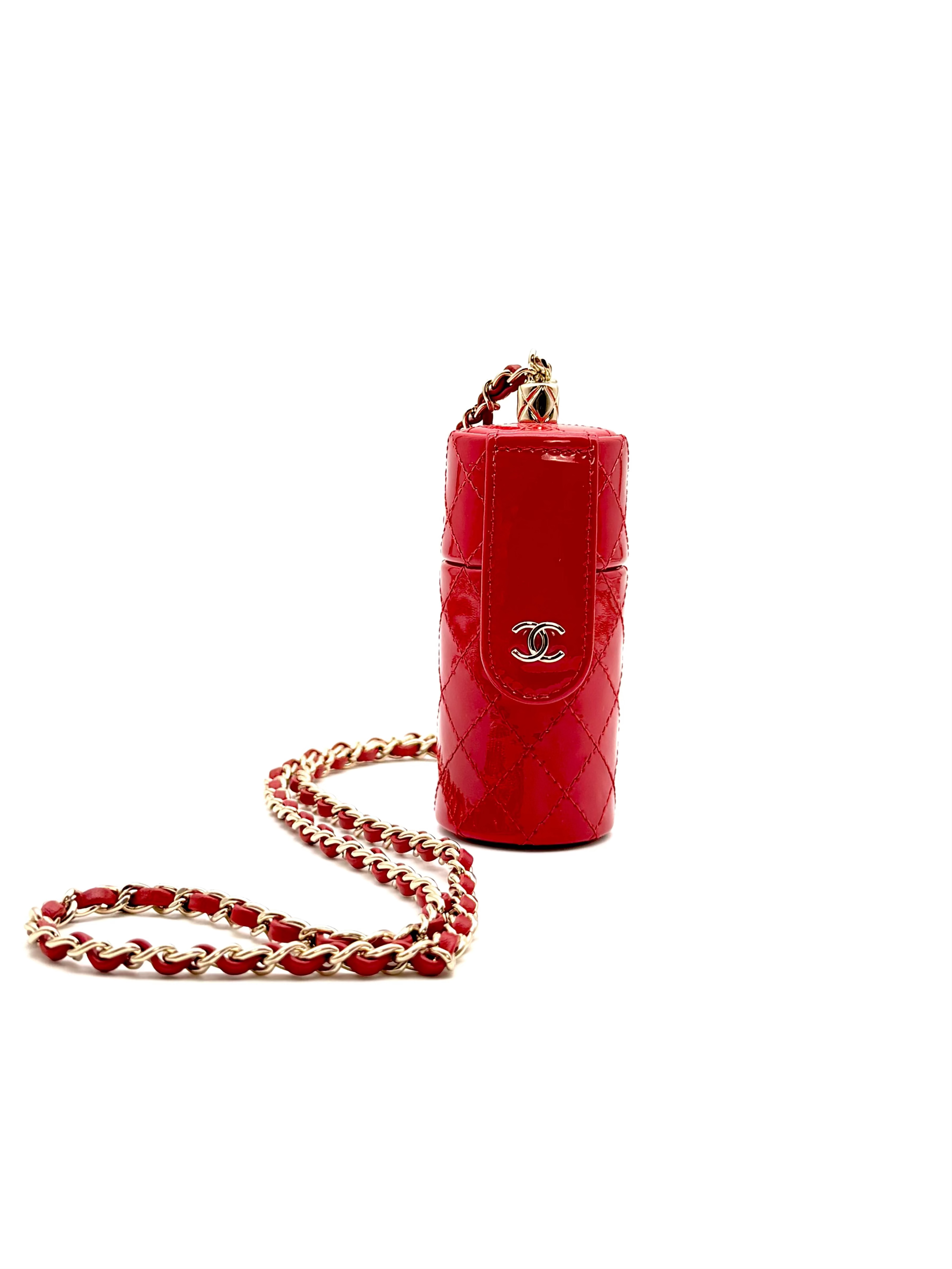Chanel red patent quilted leather lipstick case with shoulder strap