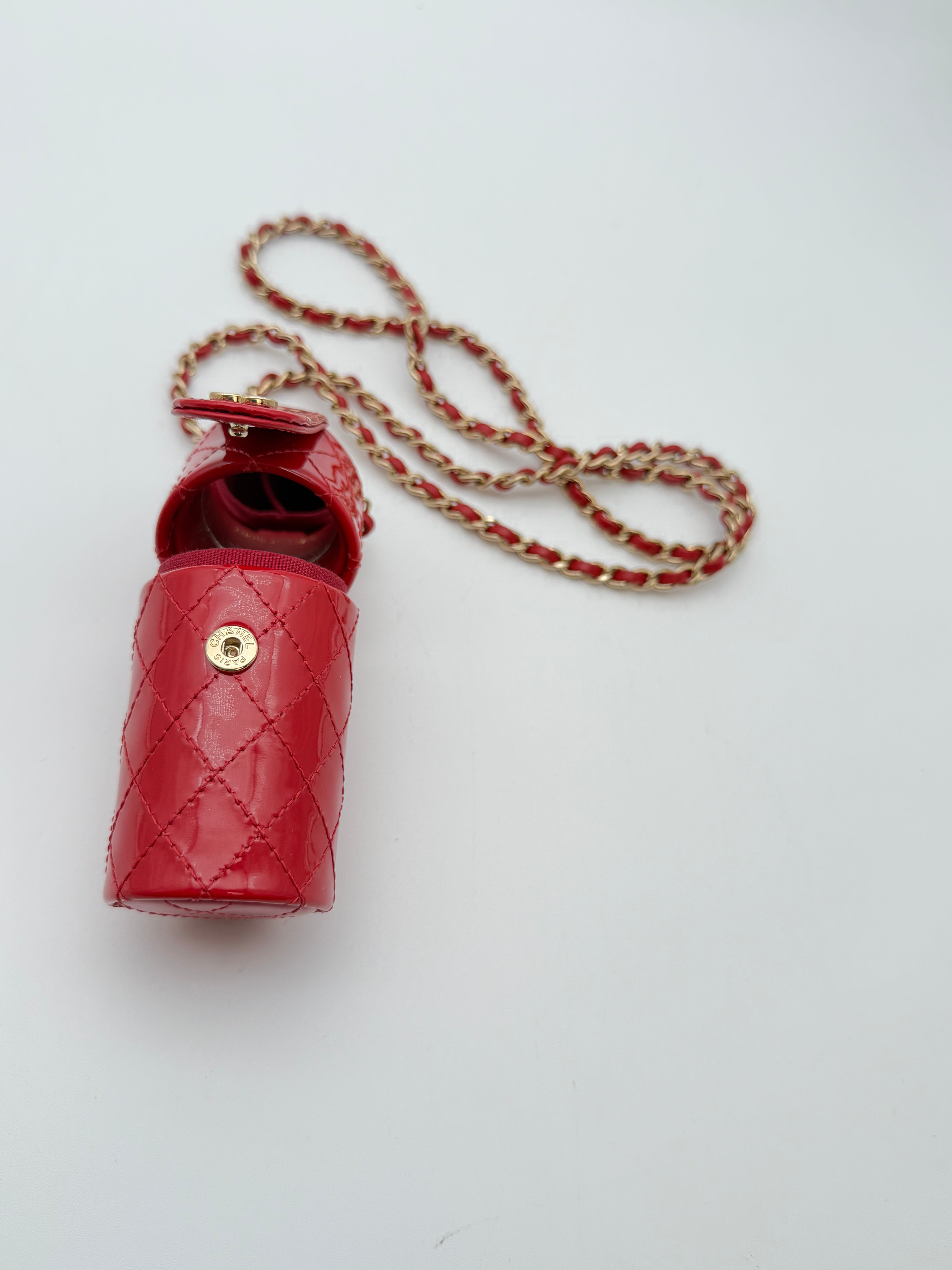 Chanel red patent quilted leather lipstick case with shoulder strap