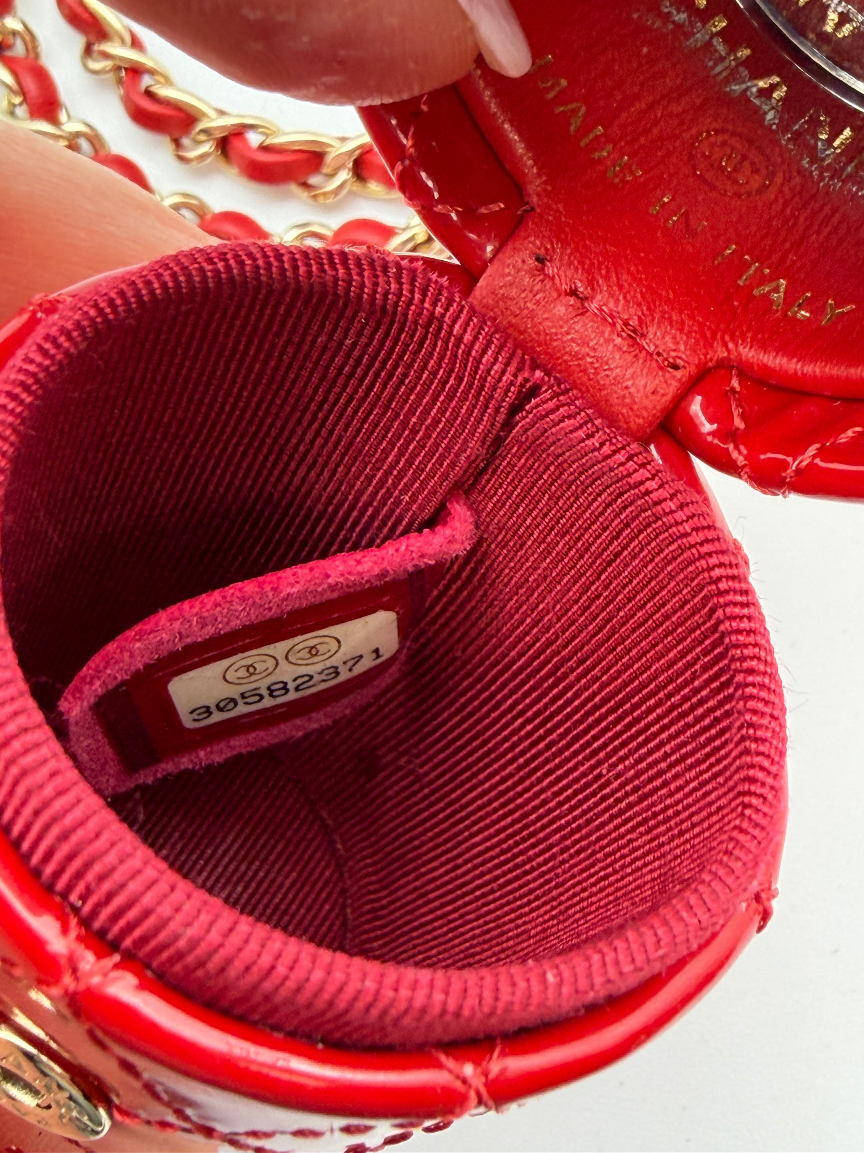 Chanel red patent quilted leather lipstick case with shoulder strap