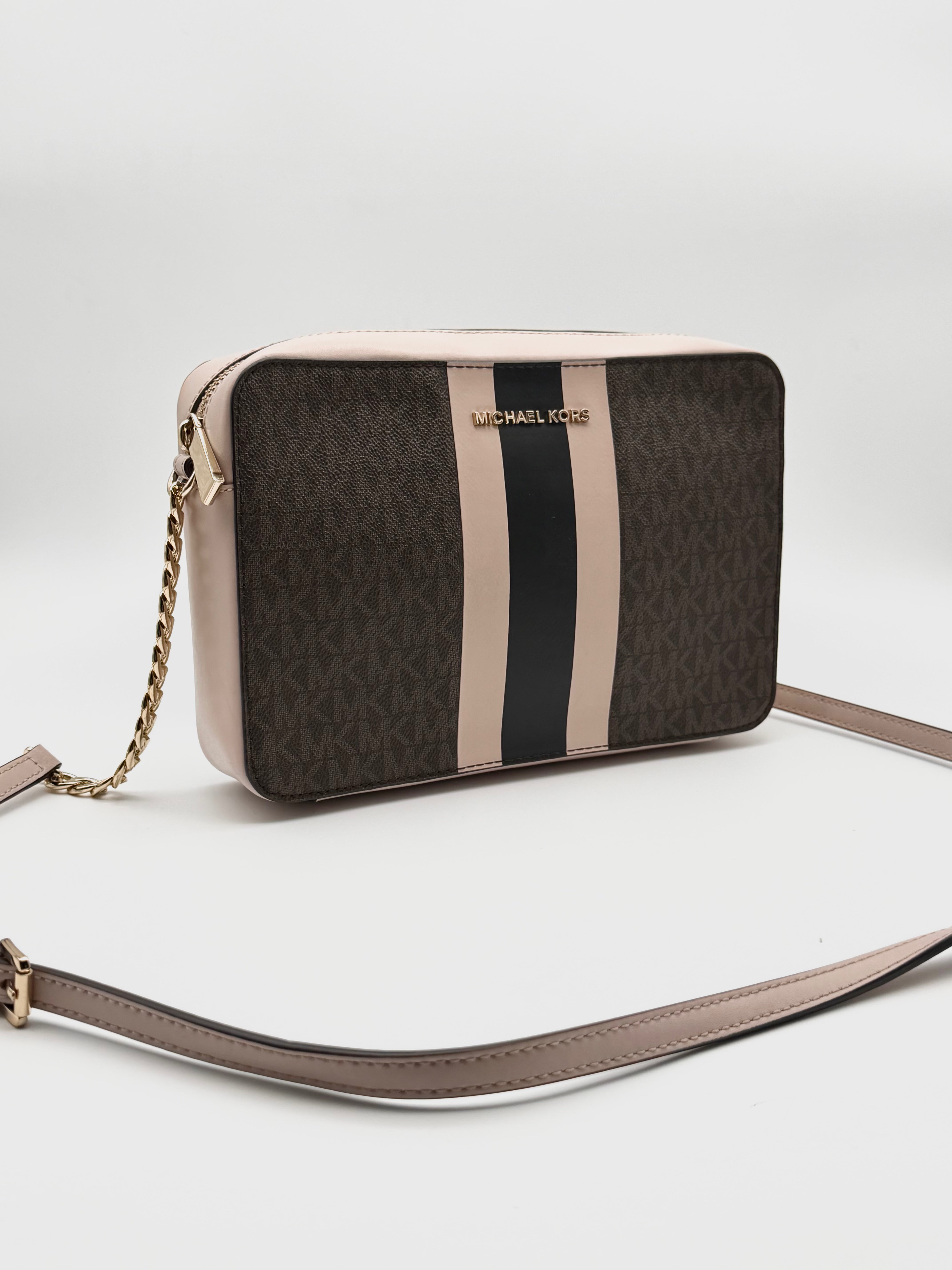 Michael Kors Borsa Jet Set Camera Bag Medium in Edizione a Righe e stampa MK All-Over