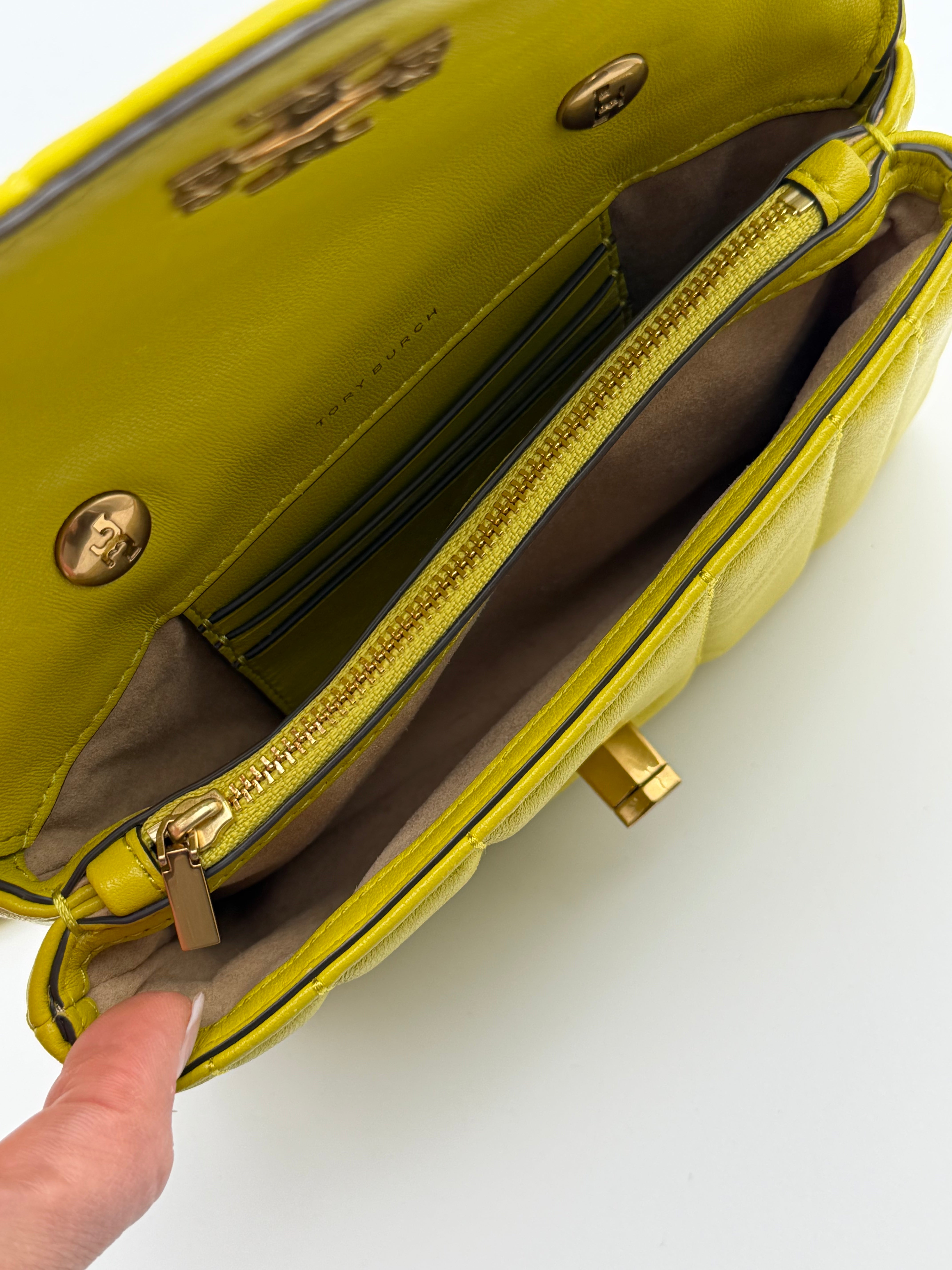 Tory Burch Mini Kira Top-Handle in quilted neon lime nappa leather