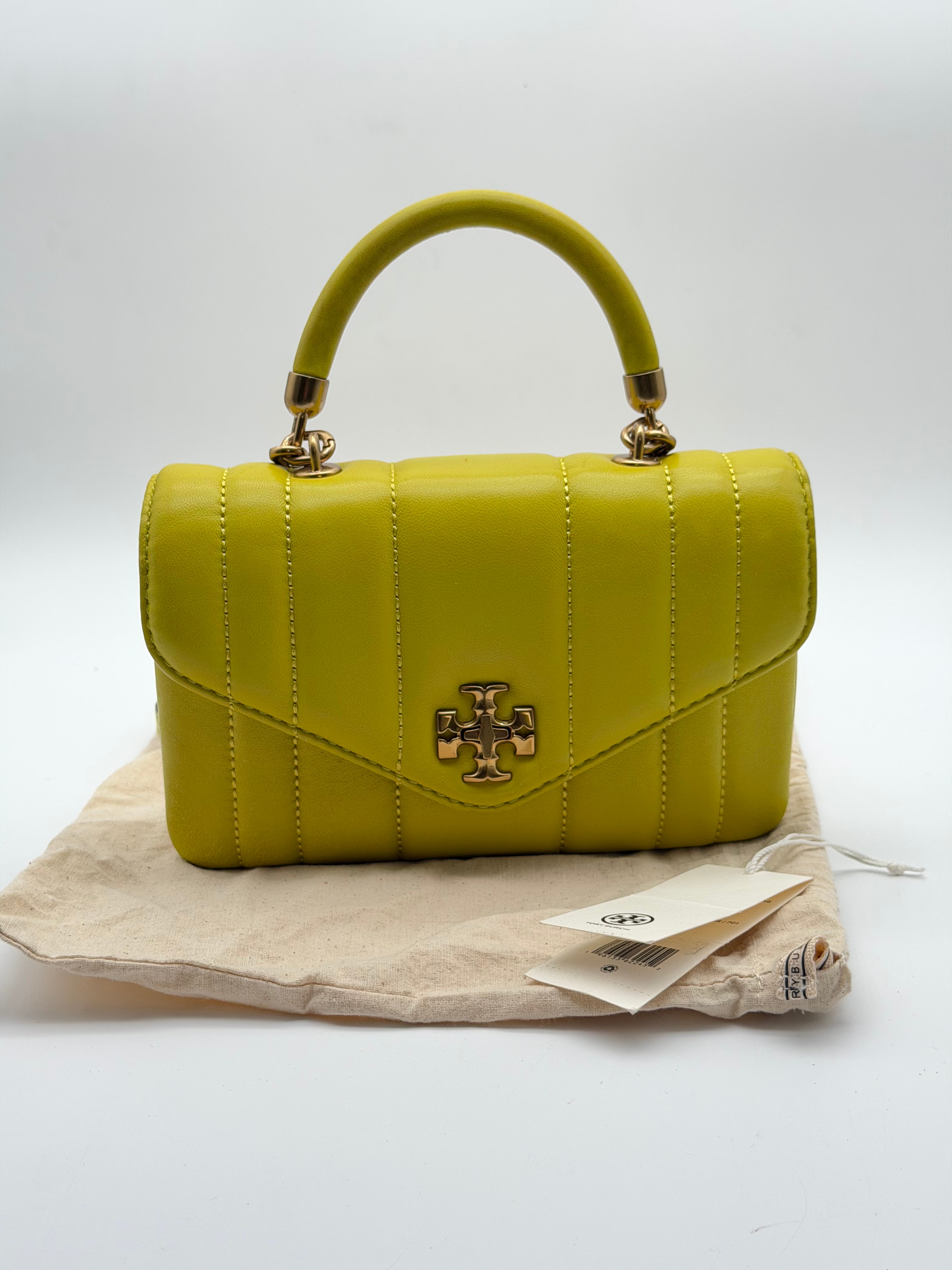 Tory Burch Mini Kira Top-Handle in quilted neon lime nappa leather
