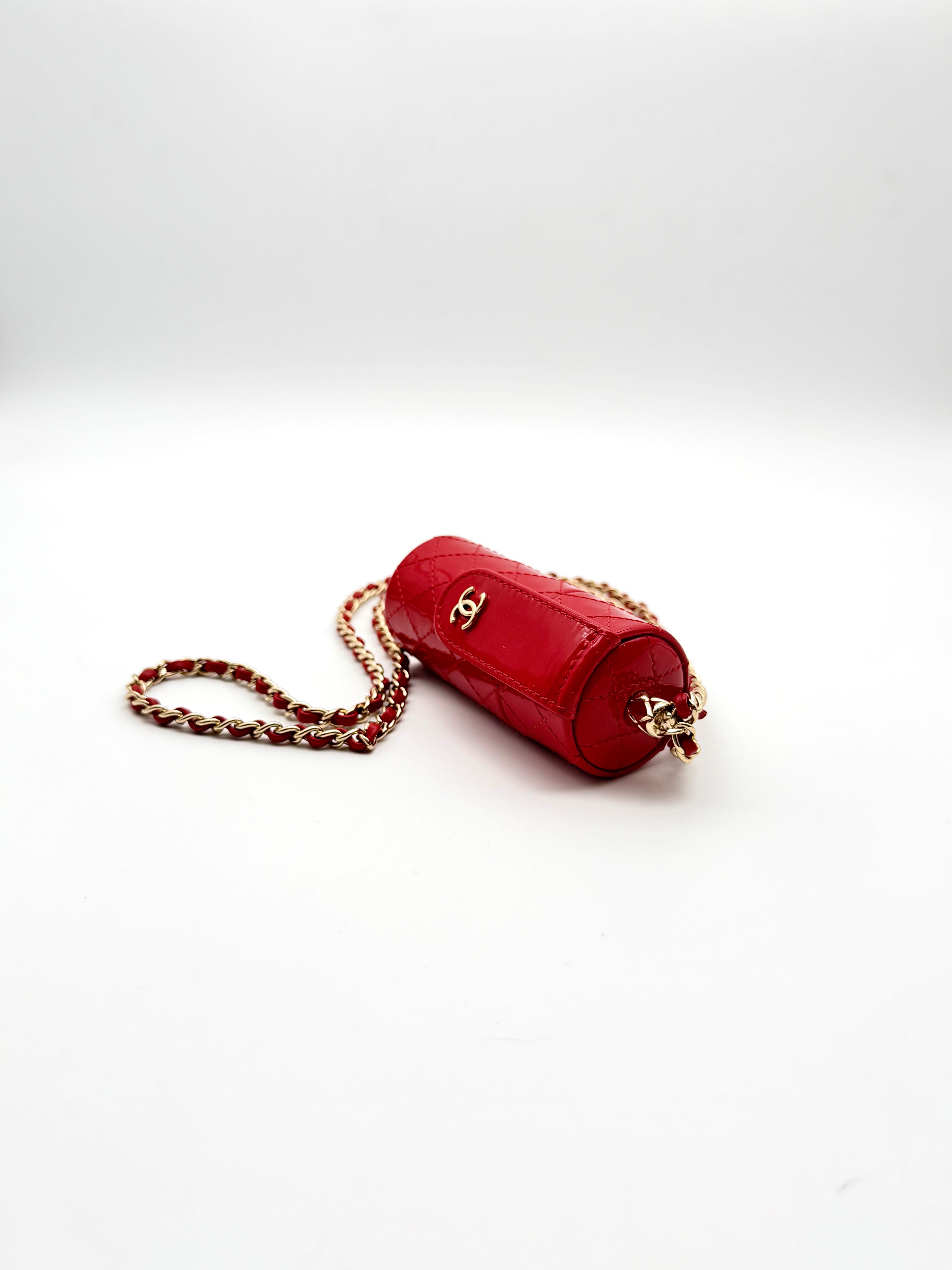 Chanel red patent quilted leather lipstick case with shoulder strap