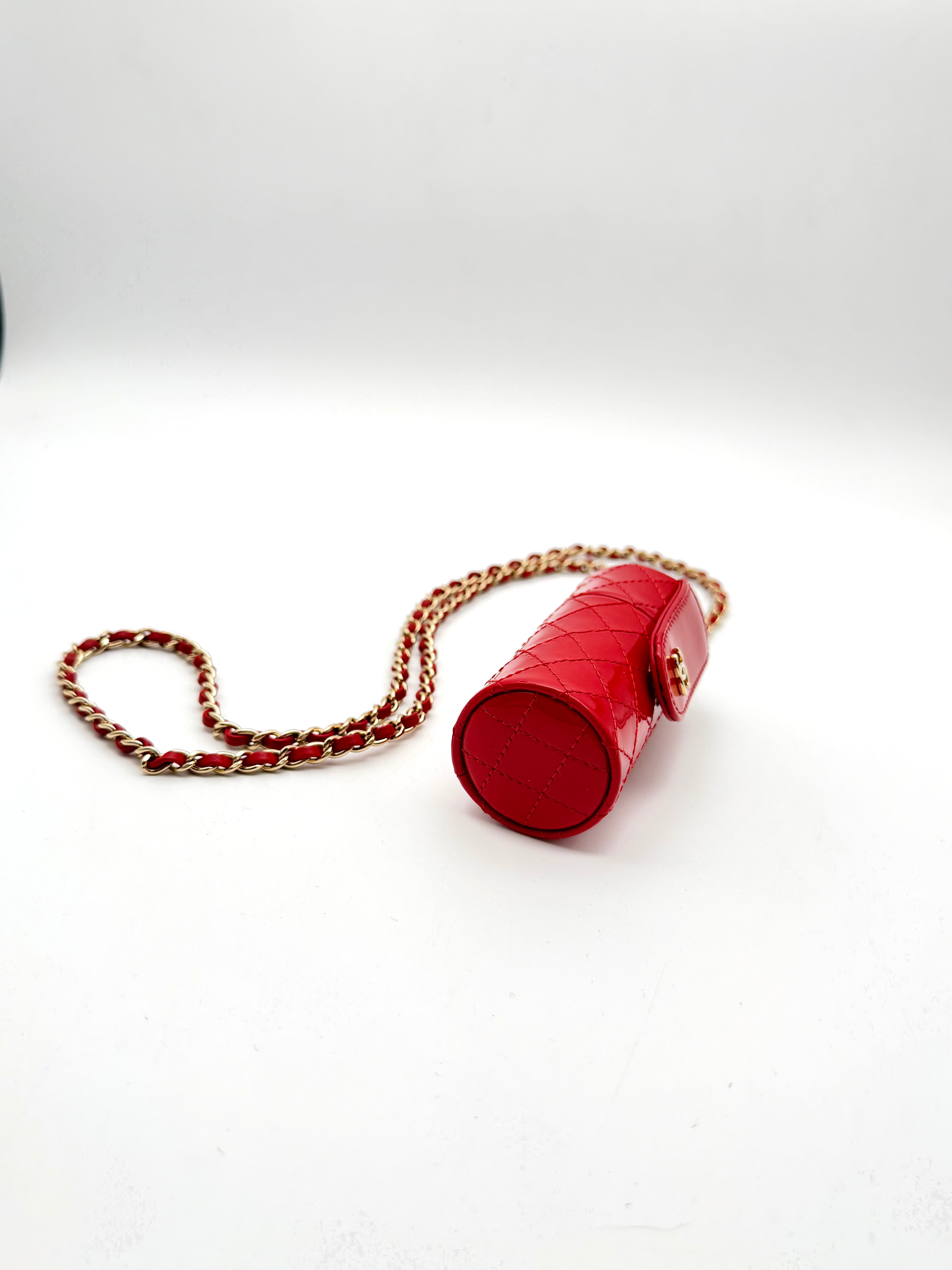 Chanel red patent quilted leather lipstick case with shoulder strap
