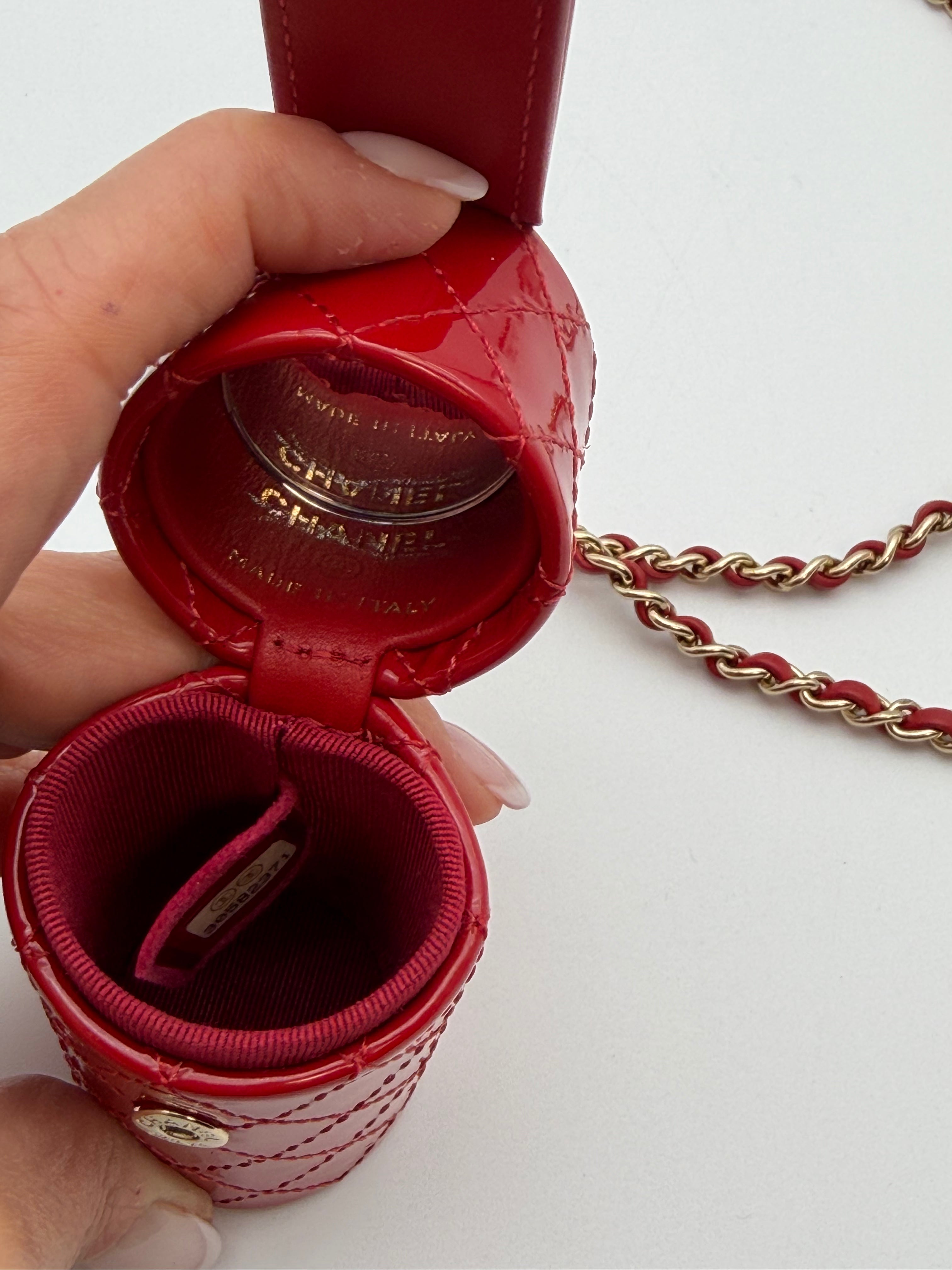 Chanel red patent quilted leather lipstick case with shoulder strap