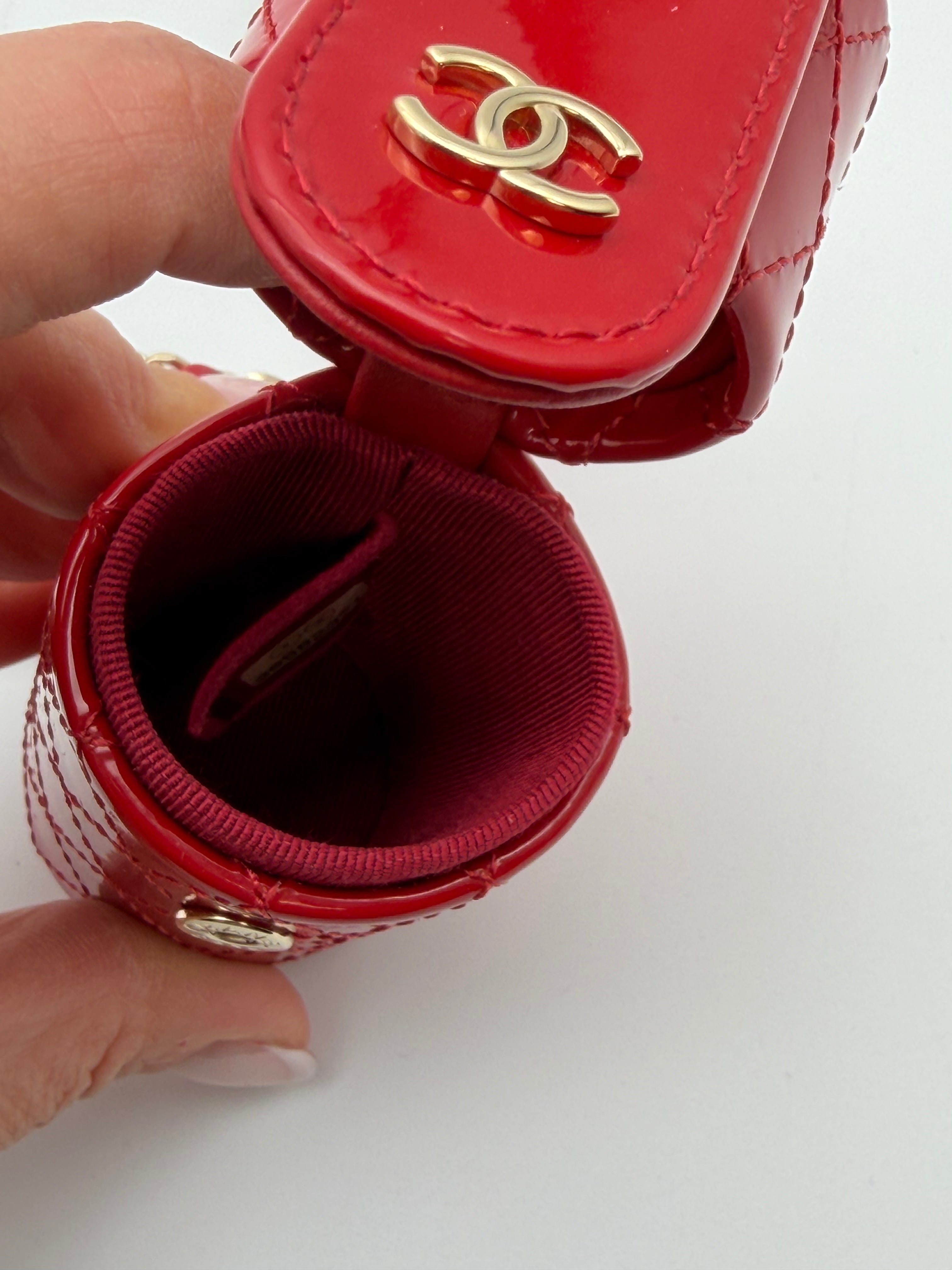 Chanel red patent quilted leather lipstick case with shoulder strap