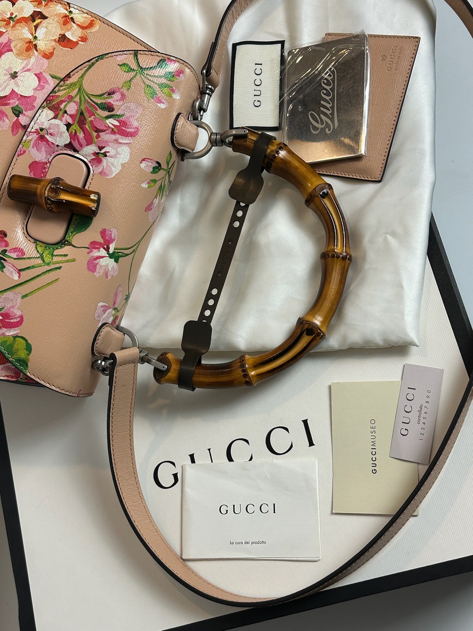 Gucci Limited Edition Bloom Museum Bag in powder leather with floral print and bamboo